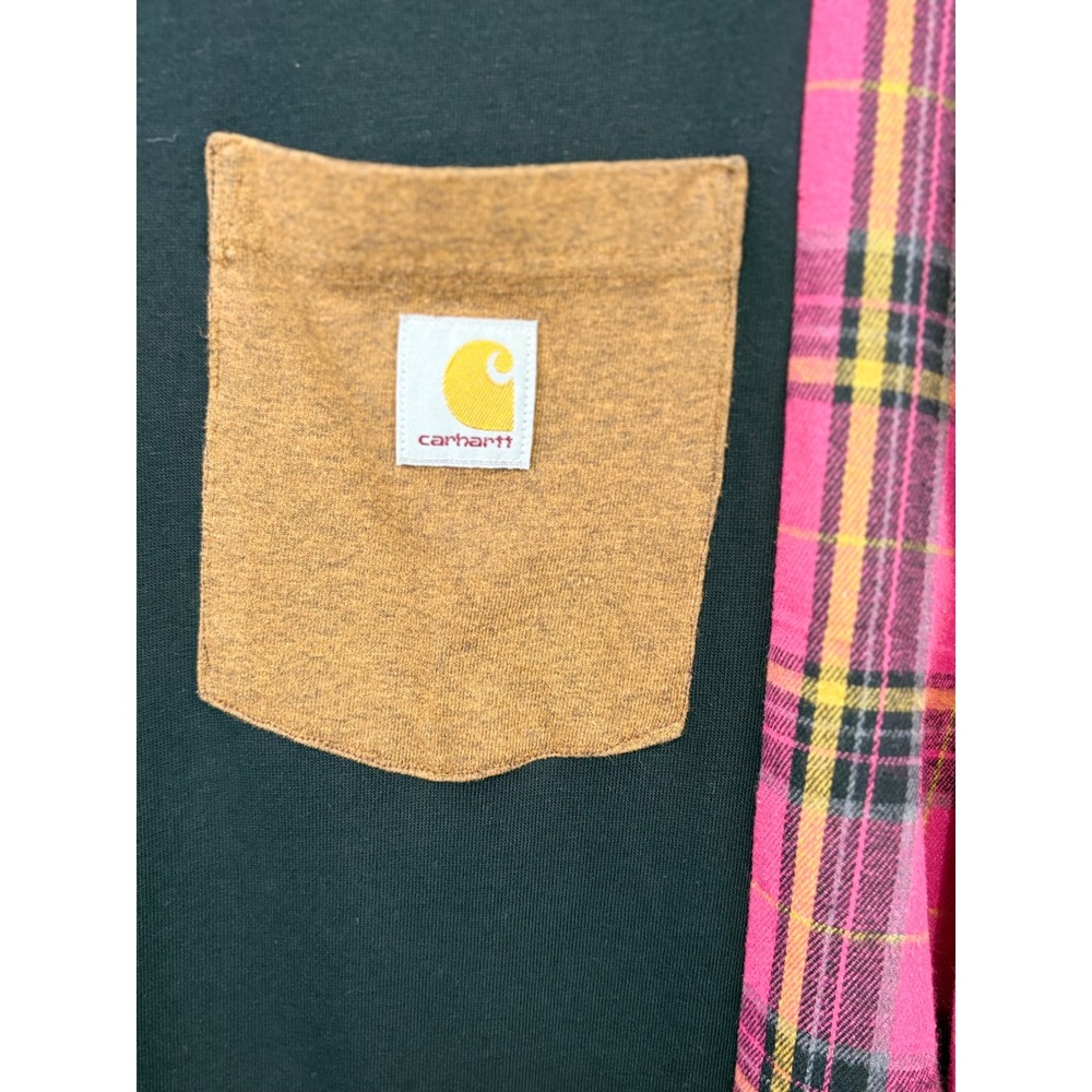Upcycled Pink Plaid Flannel Sleeve Sweatshirt Oversized Pocket Top Fits up to XL - Picture 3 of 10
